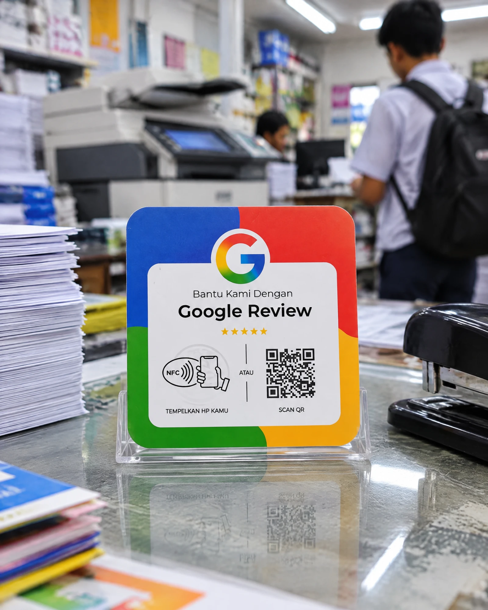 Kartu ulasan Google empat warna berdiri di stand akrilik — di meja fotokopi, fotokopi & atk
