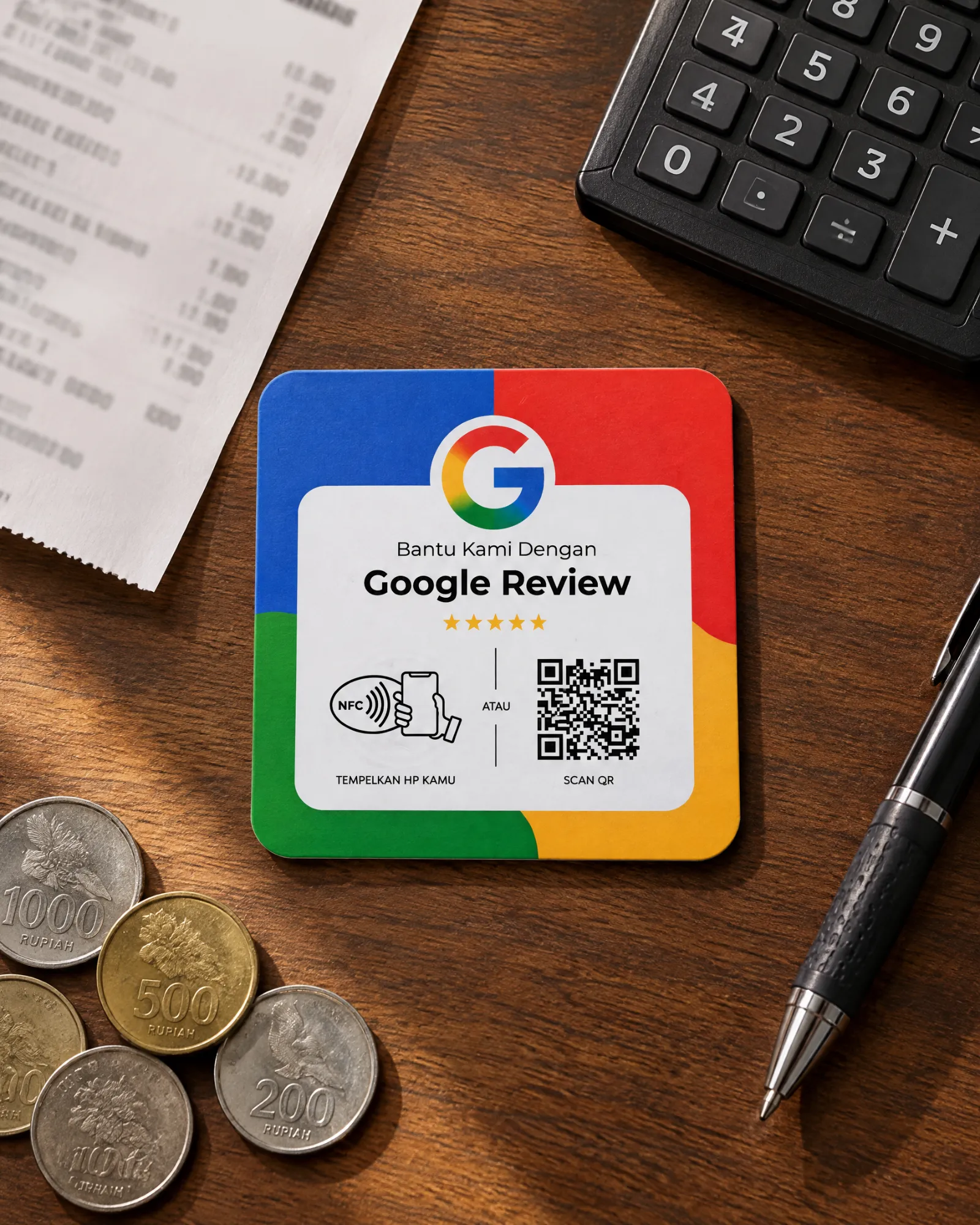 Kartu tap TAPin empat warna bertuliskan Bantu Kami Dengan Google Review di meja kasir
