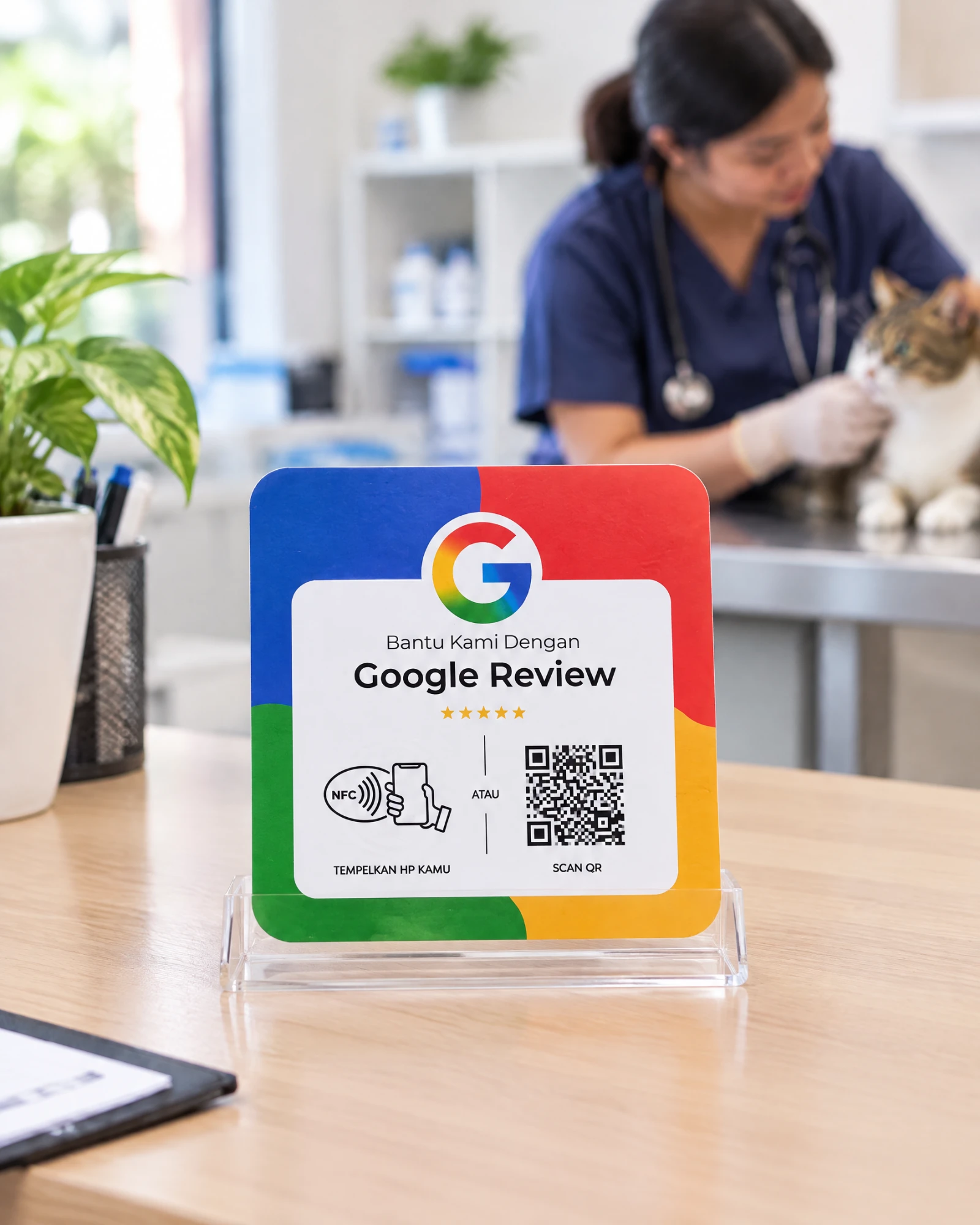 Kartu ulasan Google empat warna berdiri di stand akrilik — di meja periksa, klinik hewan