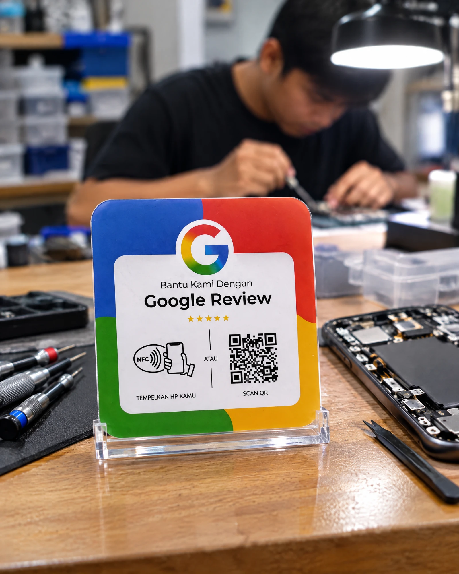 Kartu ulasan Google empat warna berdiri di stand akrilik — di meja servis, servis hp
