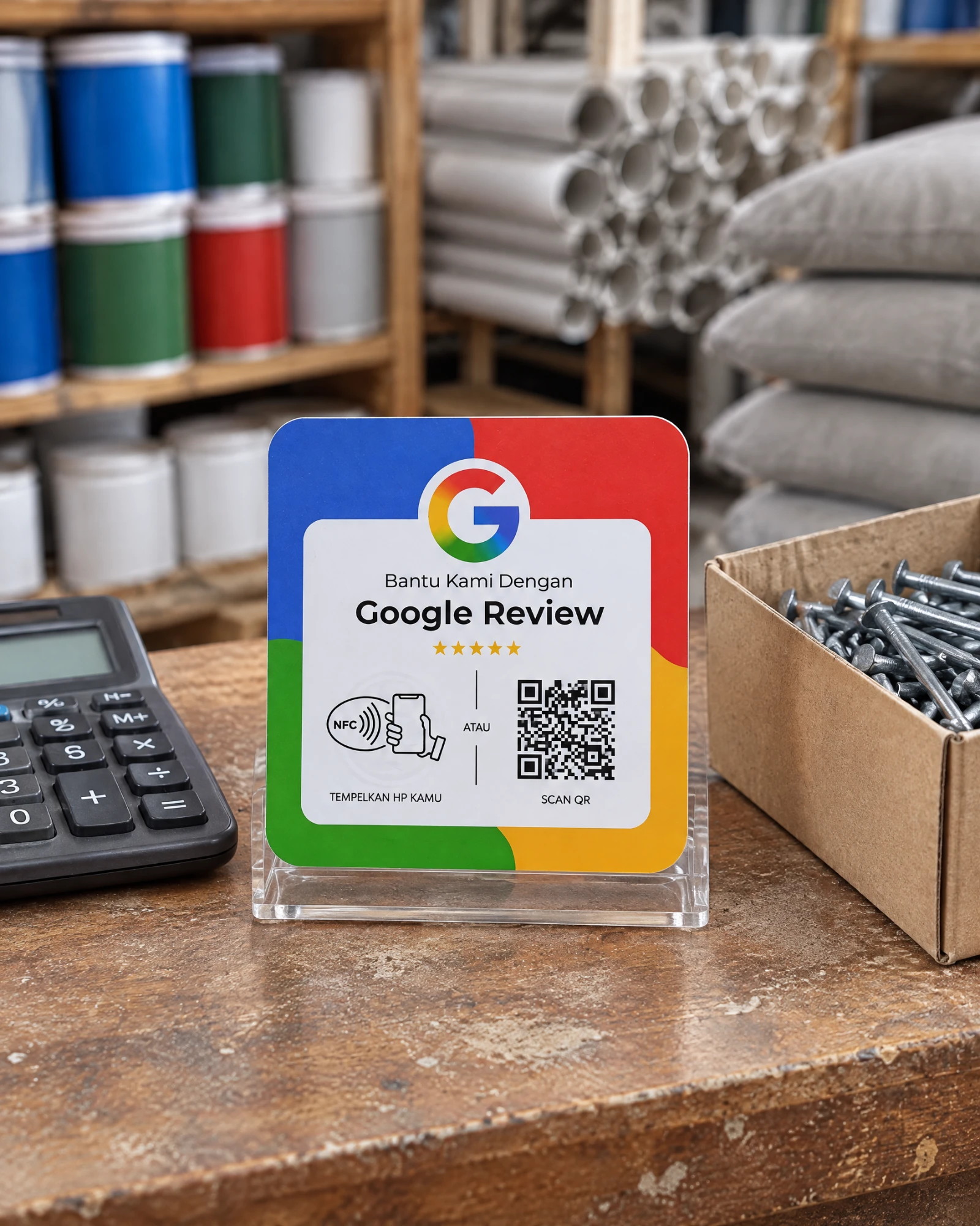 Kartu ulasan Google empat warna berdiri di stand akrilik — di sebelah kalkulator kasir, toko bangunan