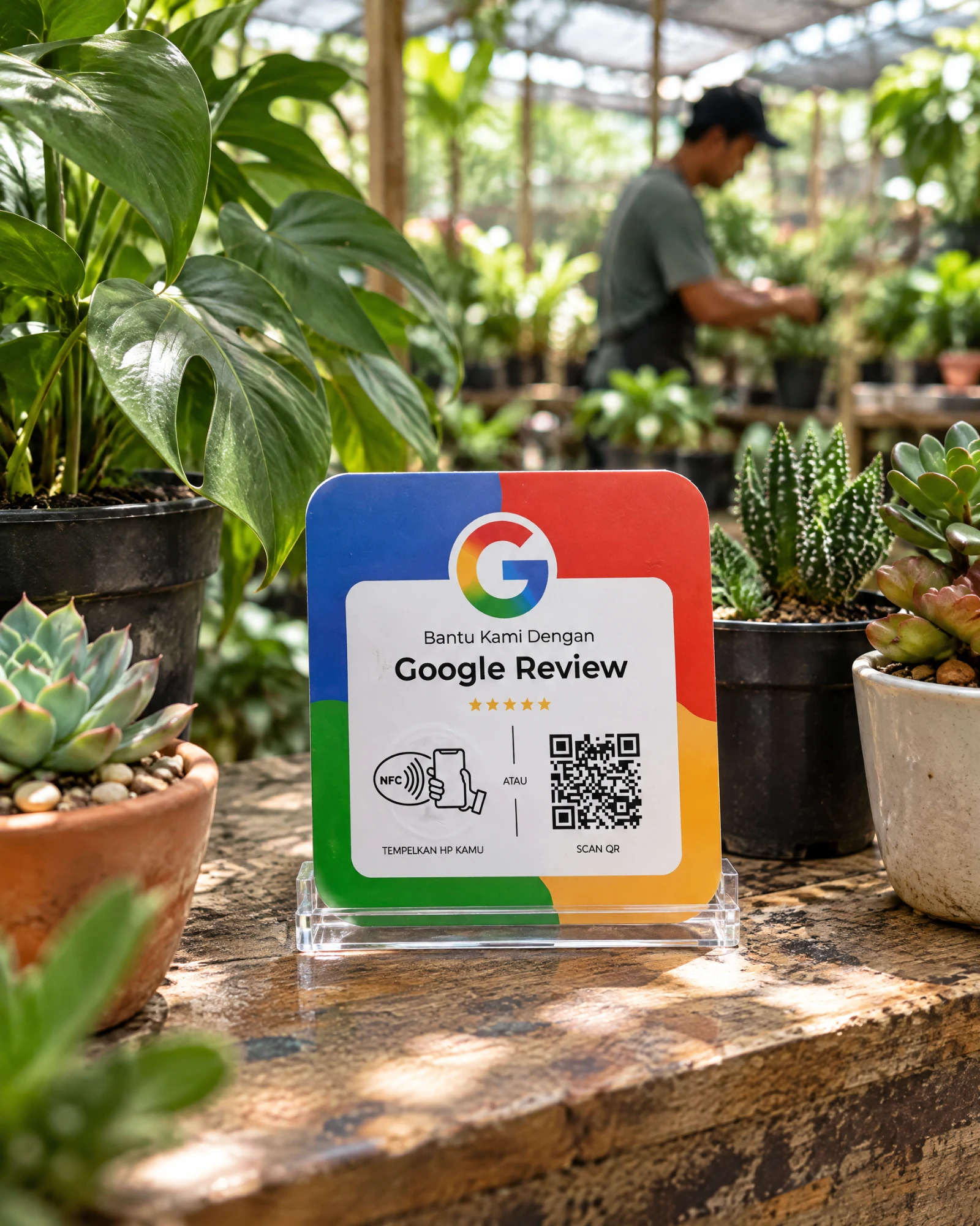 Kartu ulasan Google empat warna berdiri di stand akrilik — di antara pot tanaman, toko tanaman