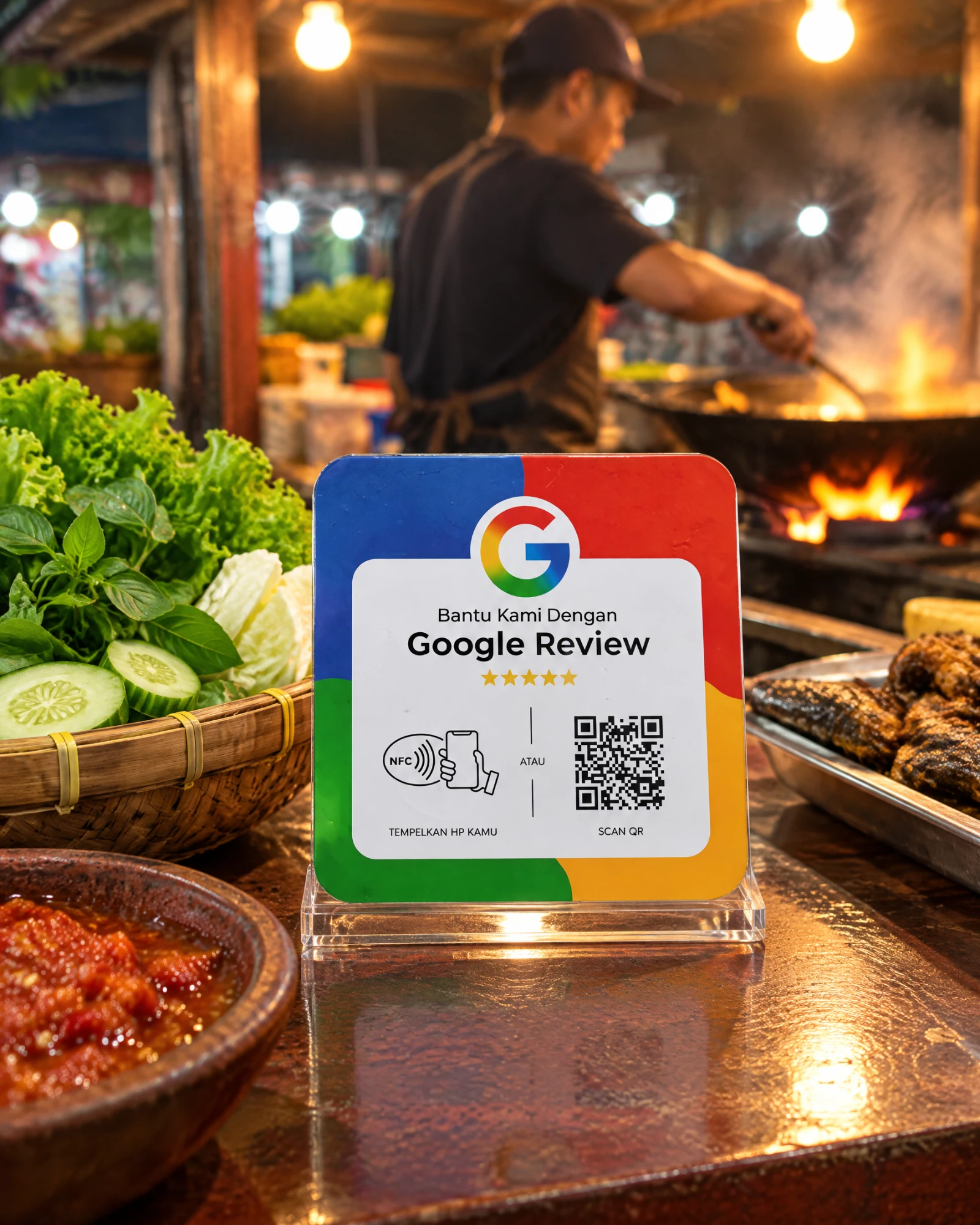 Kartu ulasan Google empat warna berdiri di stand akrilik — di samping lalapan dan sambal, warung makan